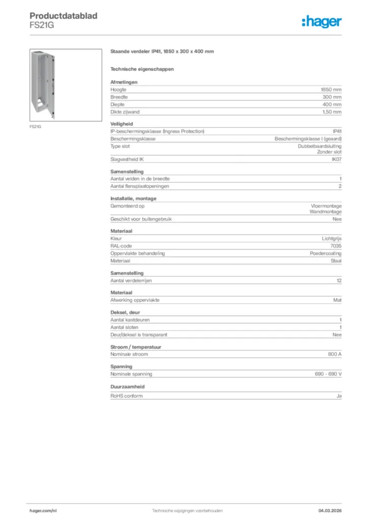 Afbeelding Hager Productdatablad FS21G | Hager Nederland