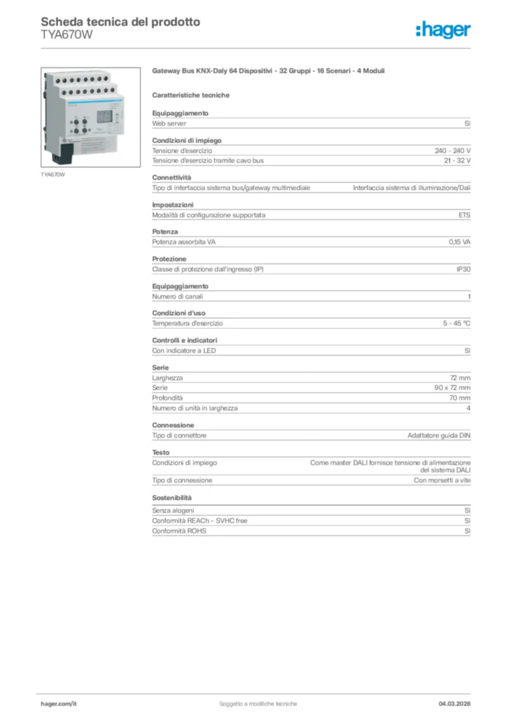 Immagine Hager Scheda tecnica del prodotto TYA670W | Hager Italia