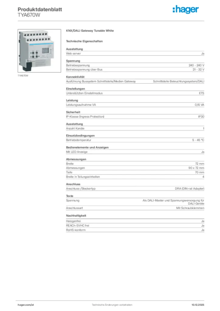 Bild Hager Produktdatenblatt TYA670W | Hager Deutschland