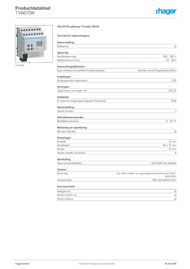 Afbeelding Hager Productdatablad TYA670W | Hager Nederland