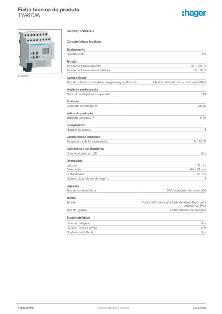Imagem Hager Ficha técnica do produto TYA670W | Hager Portugal