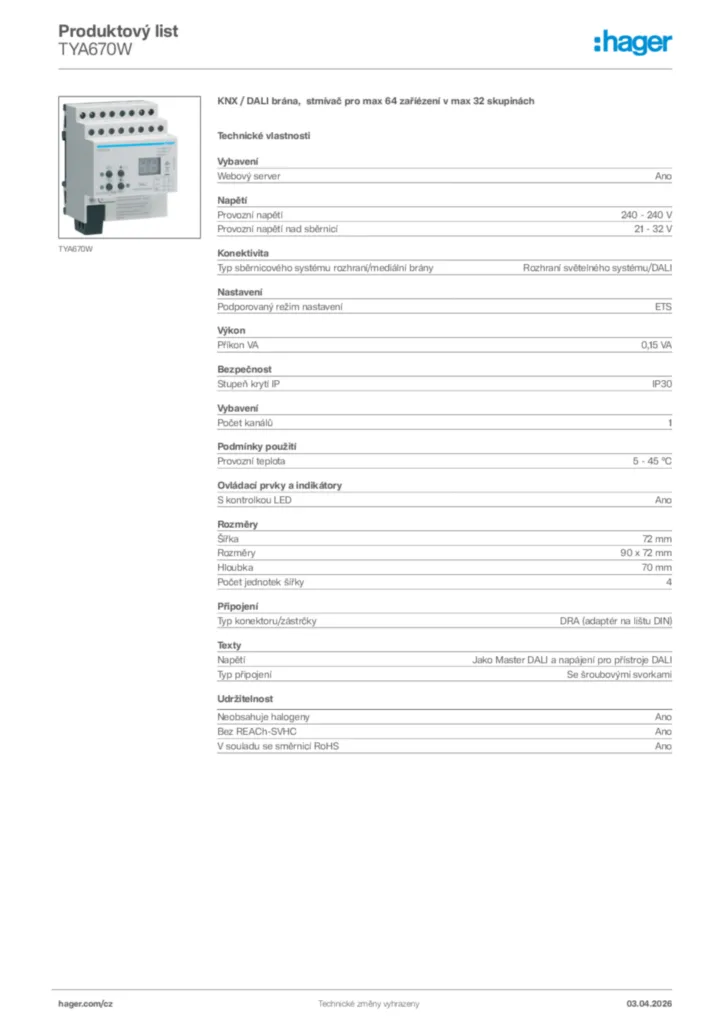 Obrázek Hager Product data sheet TYA670W | Hager