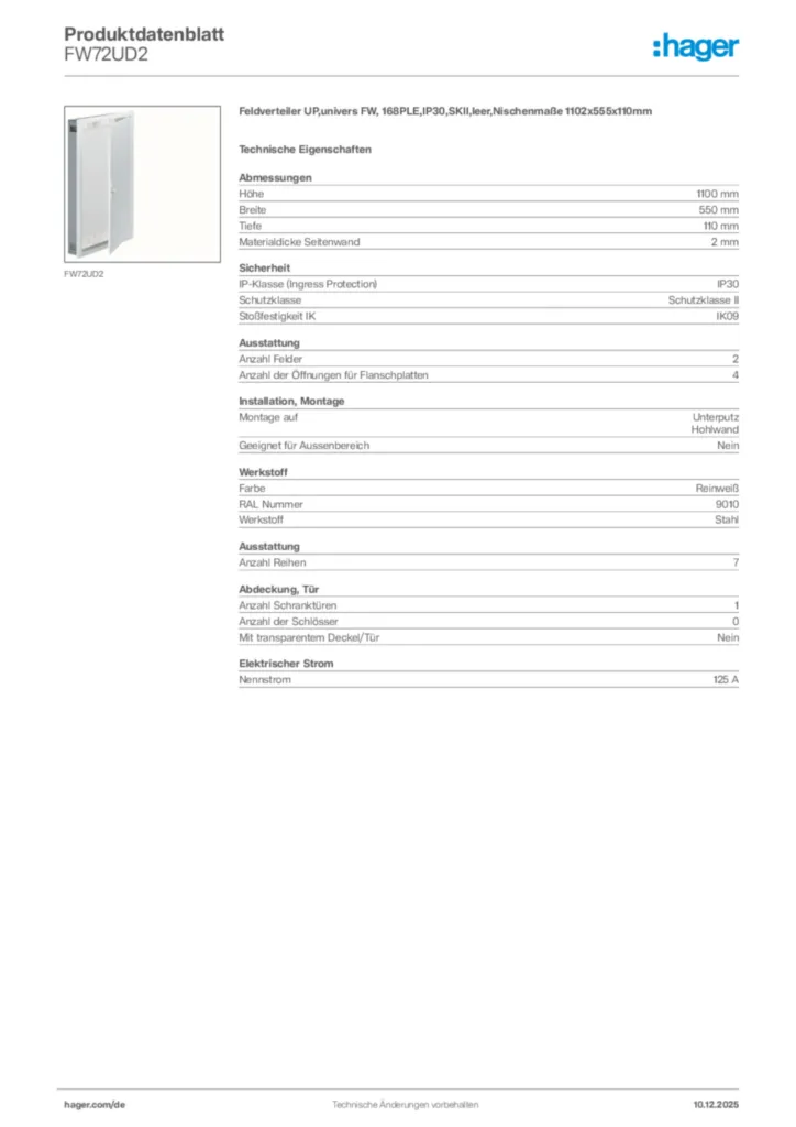 Bild Hager Produktdatenblatt FW72UD2 | Hager Deutschland