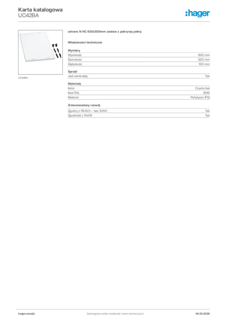 Zdjęcie Hager Karta katalogowa UC42BA | Hager Polska
