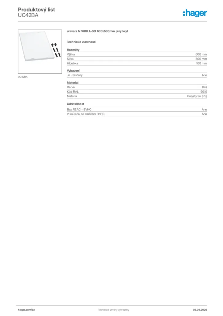 Obrázek Hager Product data sheet UC42BA | Hager