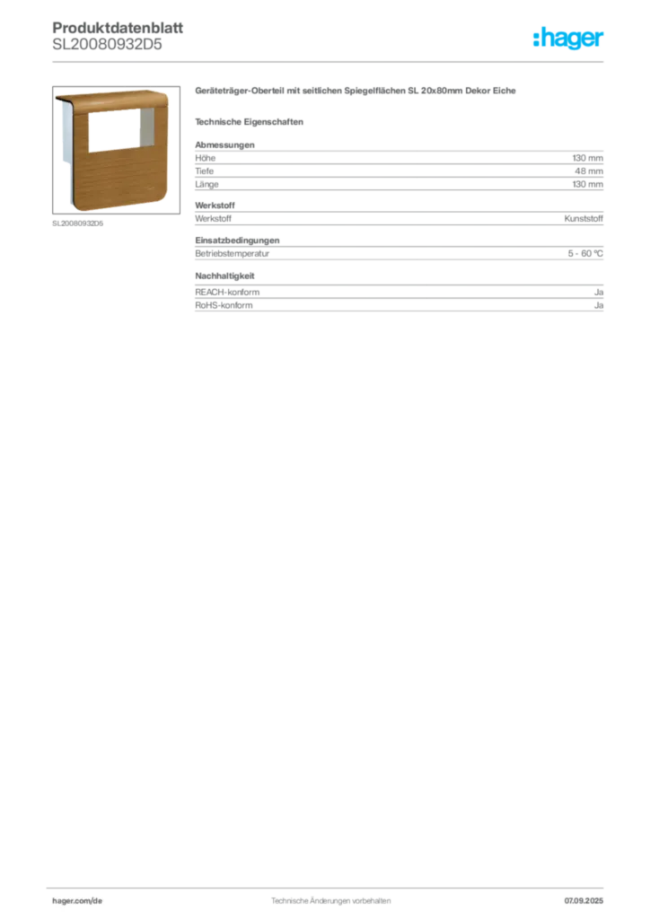Bild Hager Produktdatenblatt SL20080932D5 | Hager Deutschland