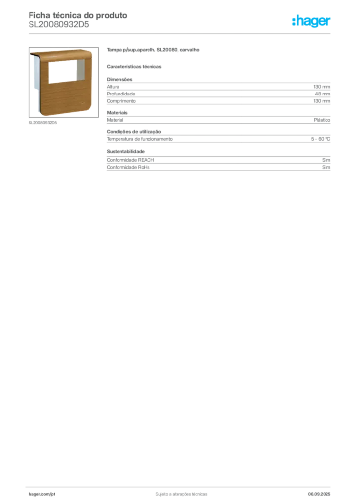 Imagem Hager Ficha técnica do produto SL20080932D5 | Hager Portugal
