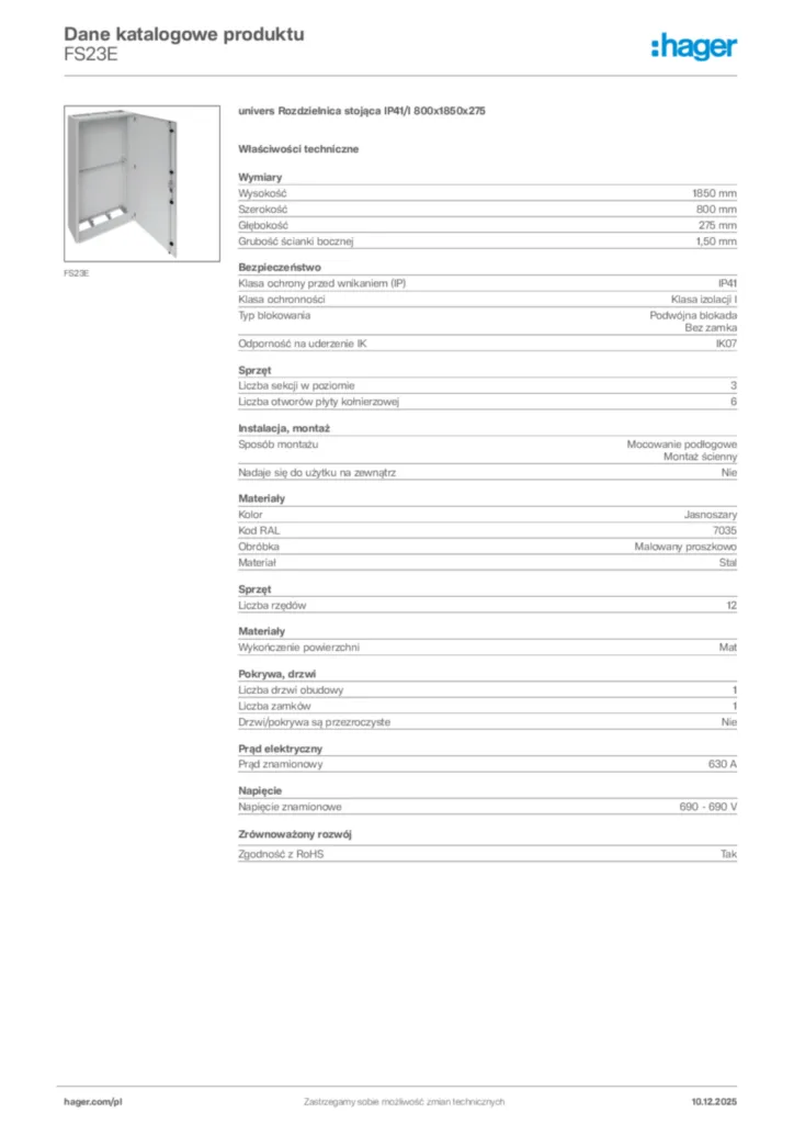 Zdjęcie Hager Dane katalogowe produktu FS23E | Hager Polska