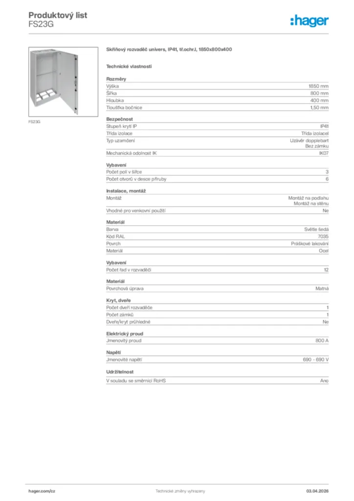 Obrázek Hager Product data sheet FS23G | Hager