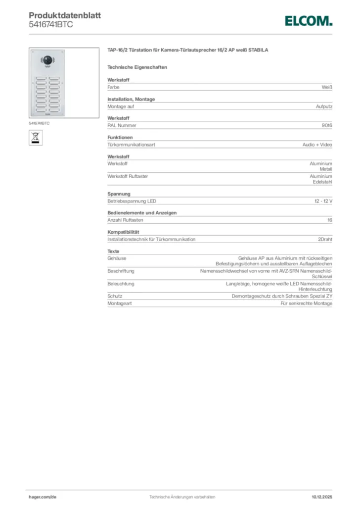 Bild Elcom Produktdatenblatt 5416741BTC | Hager Deutschland