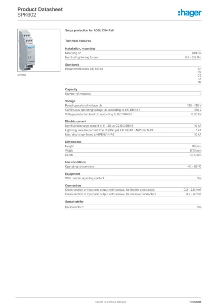Image Hager Product data sheet SPK602  | Hager Africa