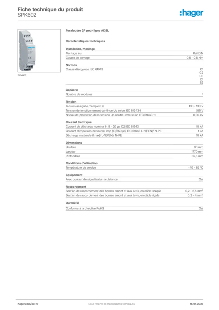 Image Hager Fiche technique du produit SPK602 | Hager Afrique