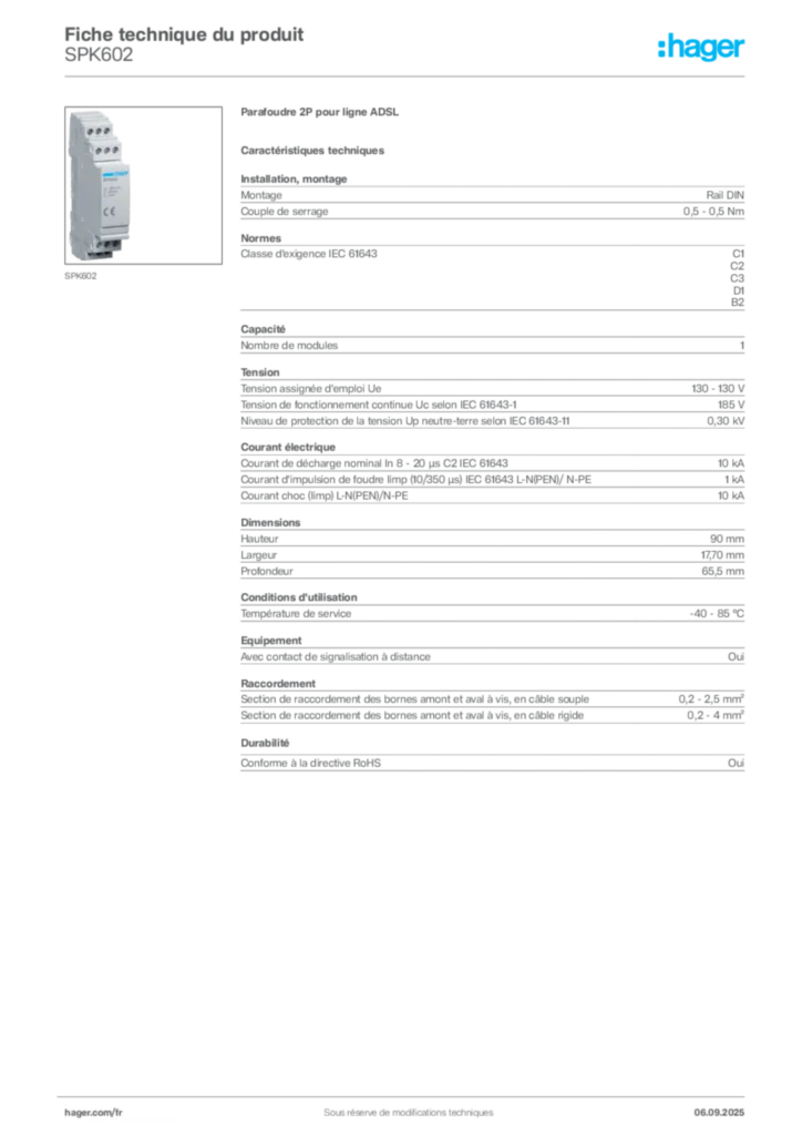 Image Hager Fiche technique du produit SPK602 | Hager France