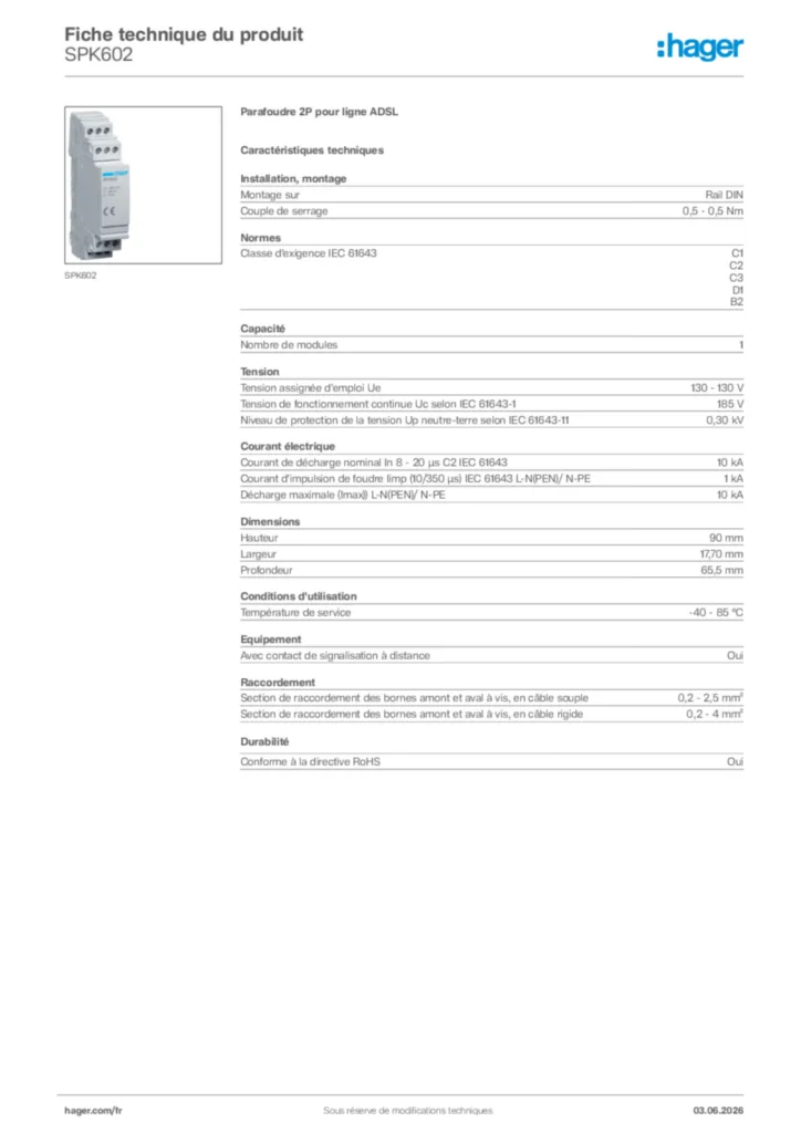 Image Hager Fiche technique du produit SPK602 | Hager France