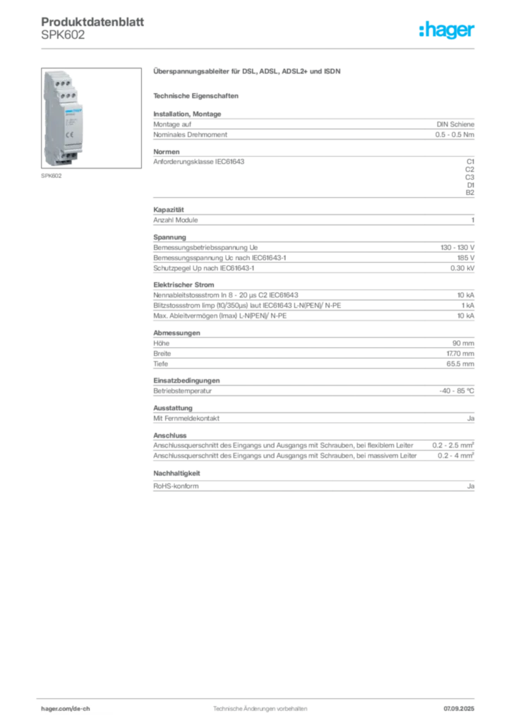 Bild Hager Produktdatenblatt SPK602 | Hager Schweiz