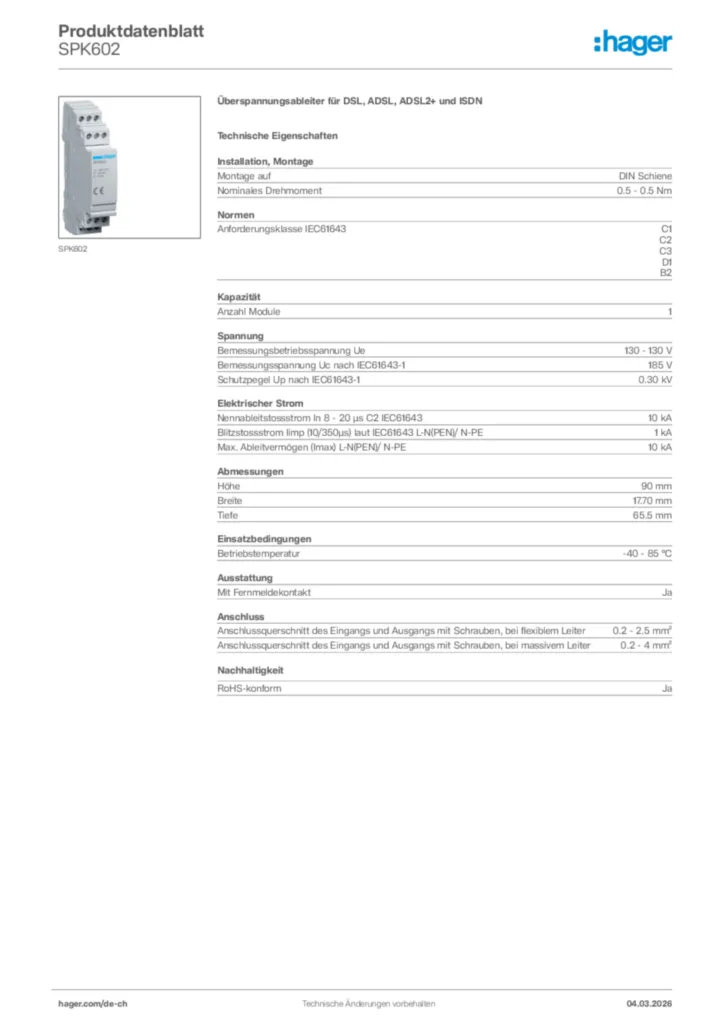 Bild Hager Produktdatenblatt SPK602 | Hager Schweiz