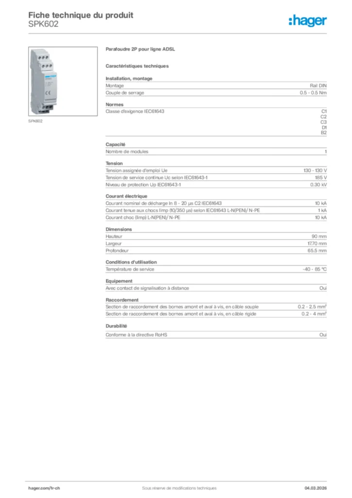 Image Hager Fiche technique du produit SPK602 | Hager Suisse