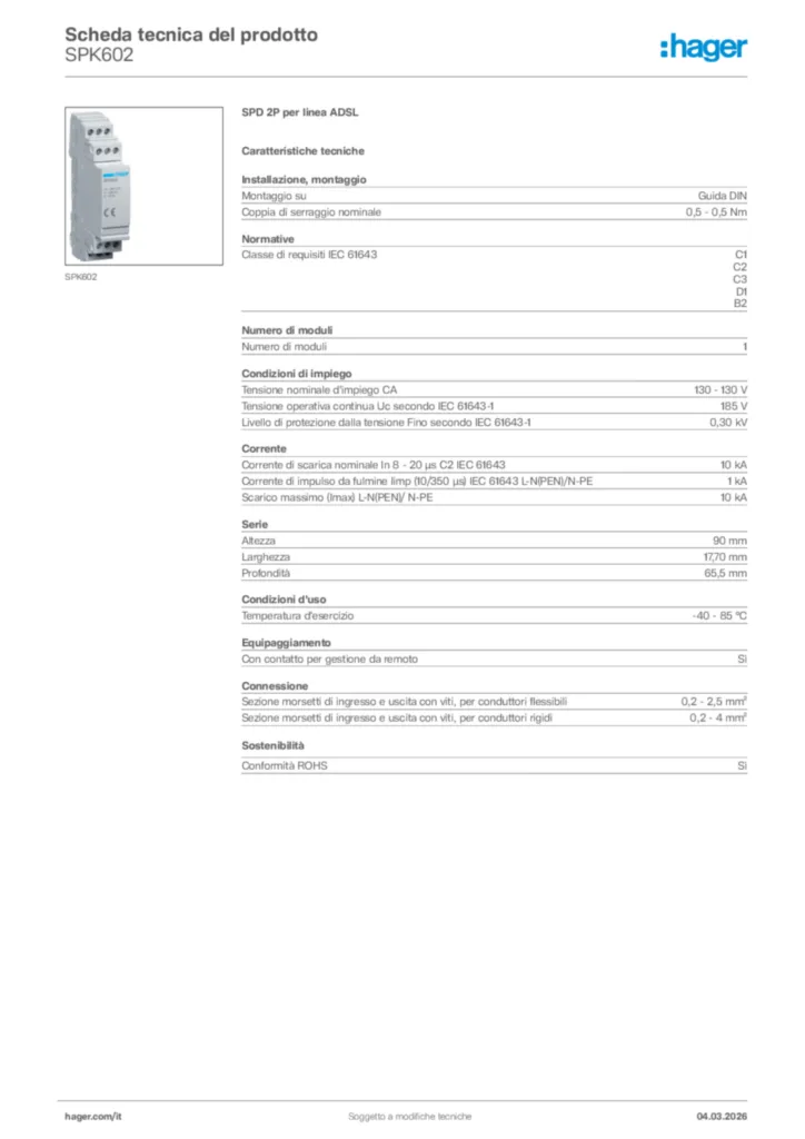 Immagine Hager Scheda tecnica del prodotto SPK602 | Hager Italia