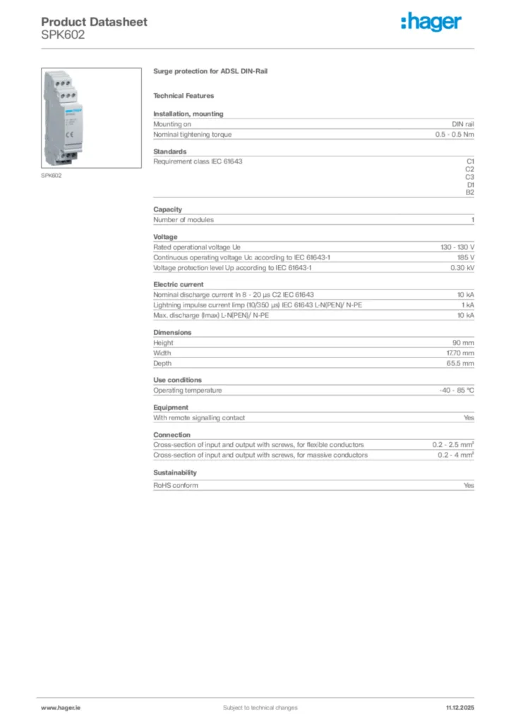 Image Hager Product data sheet SPK602  | Hager