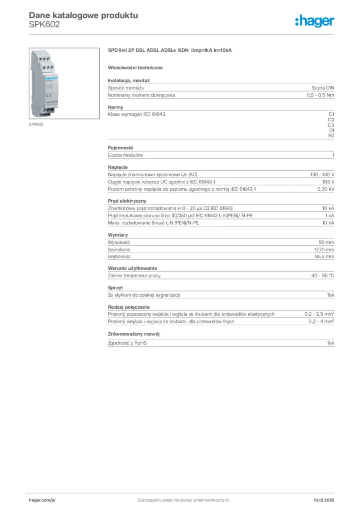 Zdjęcie Hager Dane katalogowe produktu SPK602 | Hager Polska