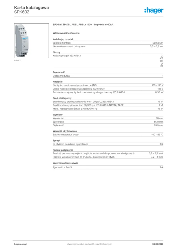Zdjęcie Hager Karta katalogowa SPK602 | Hager Polska