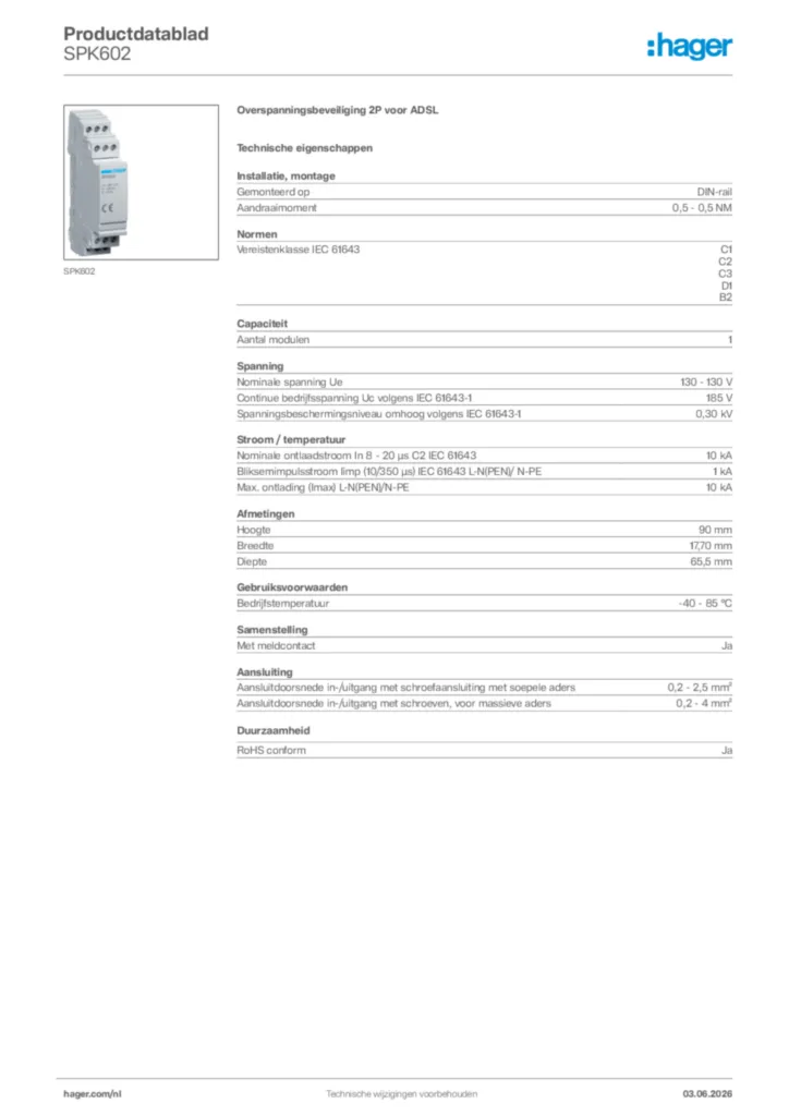 Afbeelding Hager Productdatablad SPK602 | Hager Nederland