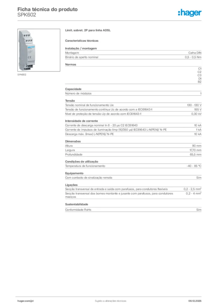 Imagem Hager Ficha técnica do produto SPK602 | Hager Portugal