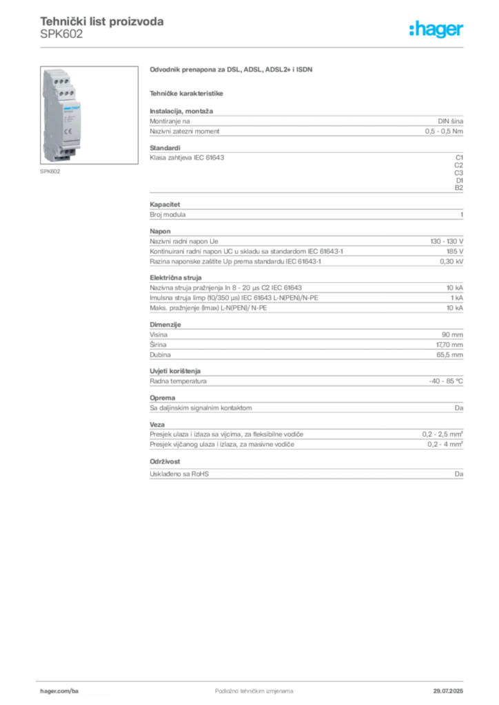 Slika Hager Product data sheet SPK602  | Hager
