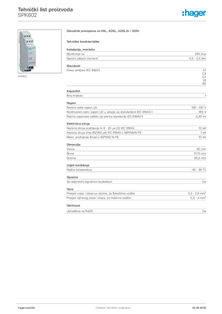 Slika Hager Tehnički list proizvoda SPK602  | Hager