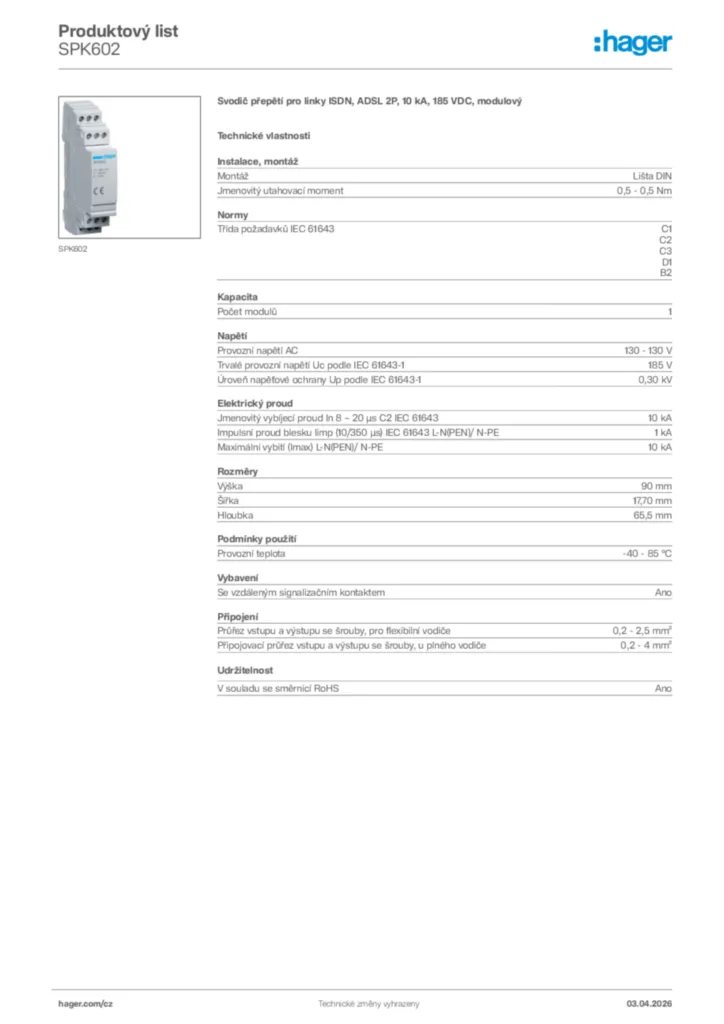 Obrázek Hager Product data sheet SPK602 | Hager