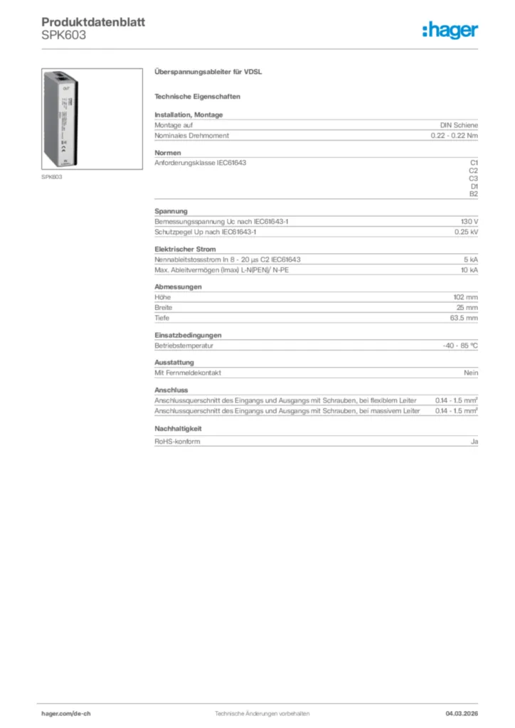 Bild Hager Produktdatenblatt SPK603 | Hager Schweiz