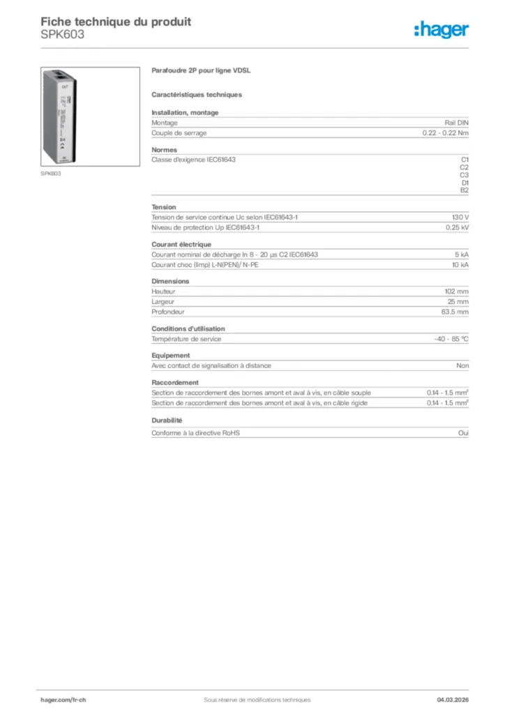 Image Hager Fiche technique du produit SPK603 | Hager Suisse