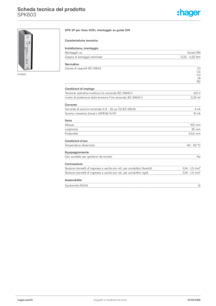 Immagine Hager Scheda tecnica del prodotto SPK603 | Hager Italia