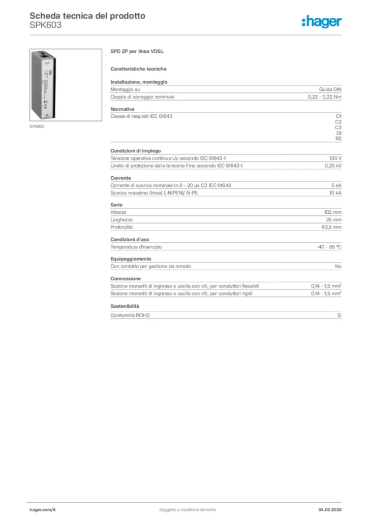 Immagine Hager Scheda tecnica del prodotto SPK603 | Hager Italia