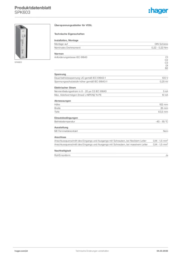 Bild Hager Produktdatenblatt SPK603 | Hager Deutschland