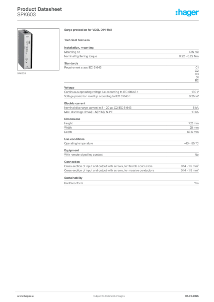 Image Hager Product data sheet SPK603  | Hager