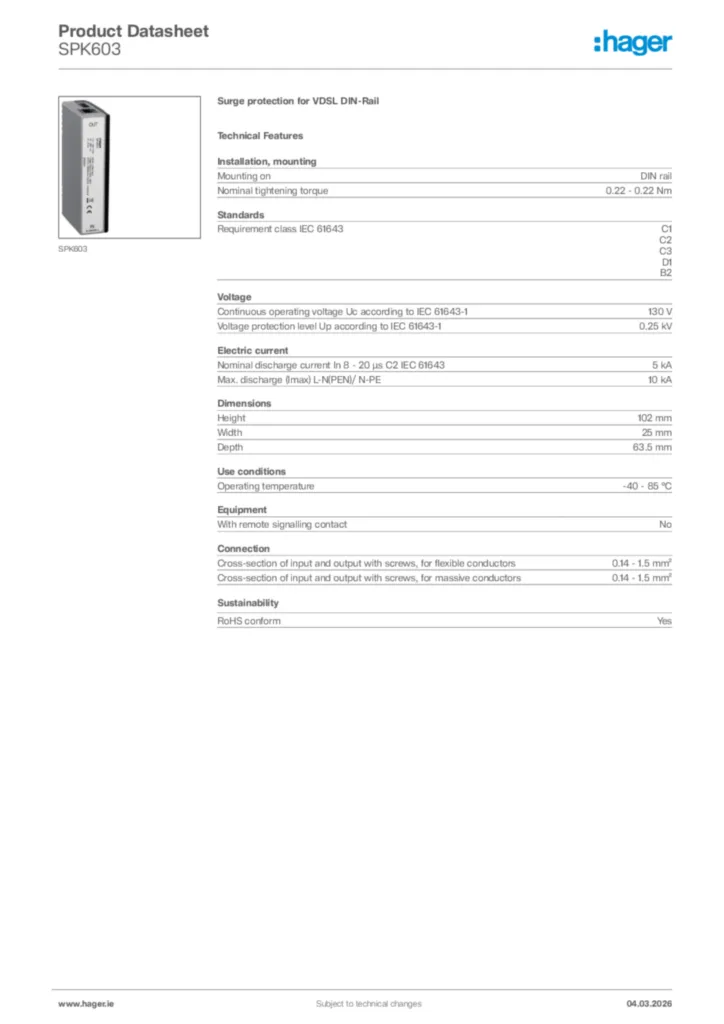 Image Hager Product data sheet SPK603  | Hager