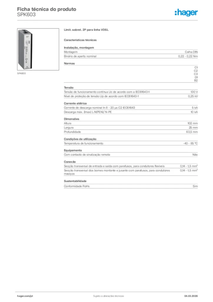 Imagem Hager Ficha técnica do produto SPK603 | Hager Portugal