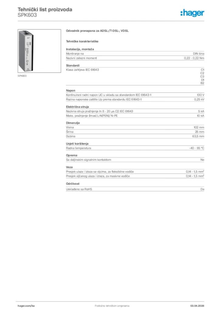 Slika Hager Tehnički list proizvoda SPK603  | Hager
