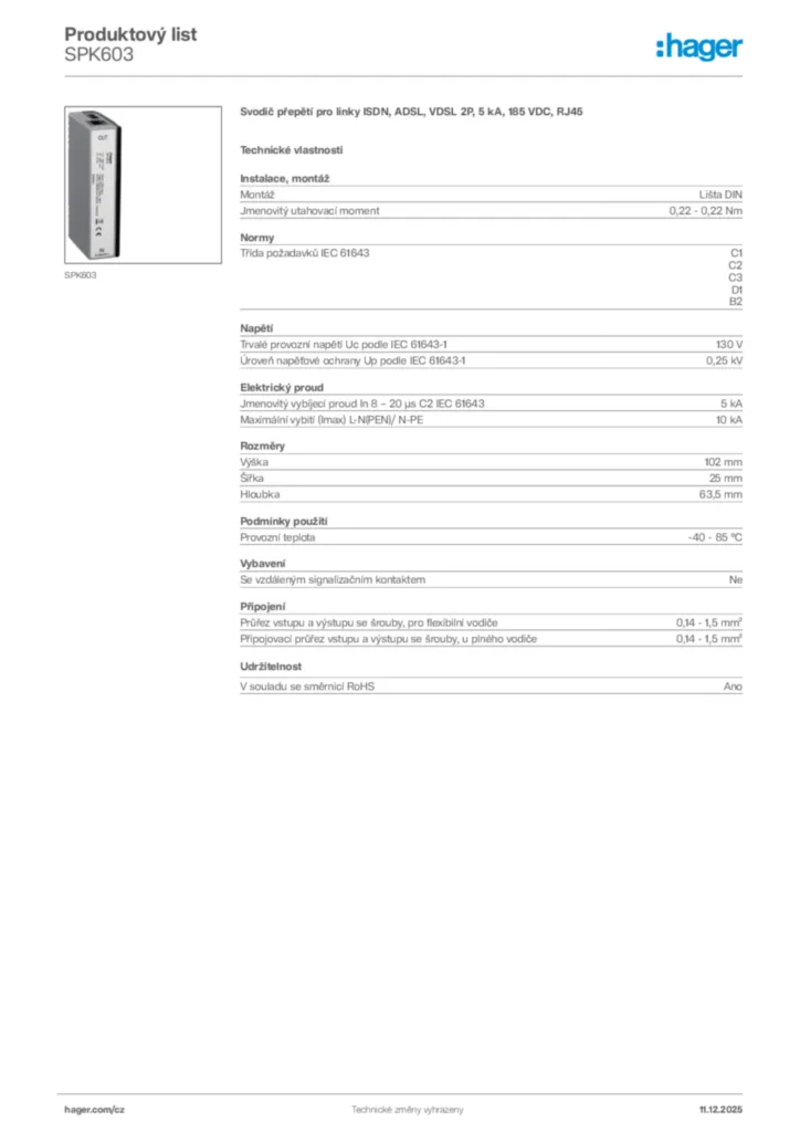 Obrázek Hager Produktový list SPK603 | Hager