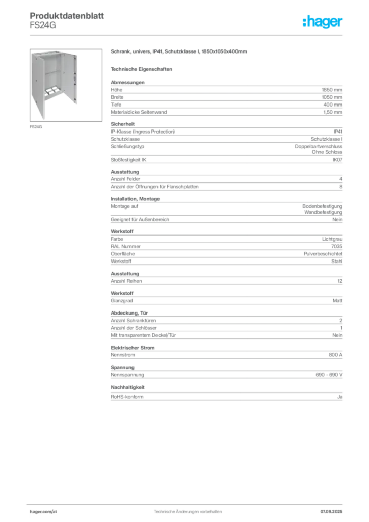 Bild Hager Produktdatenblatt FS24G | Hager Deutschland