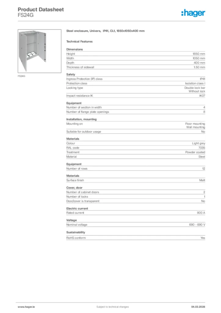 Image Hager Product data sheet FS24G  | Hager