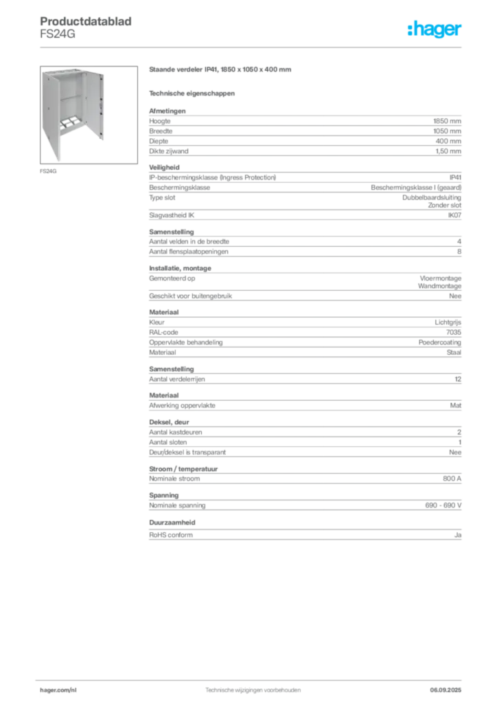 Afbeelding Hager Productdatablad FS24G | Hager Nederland