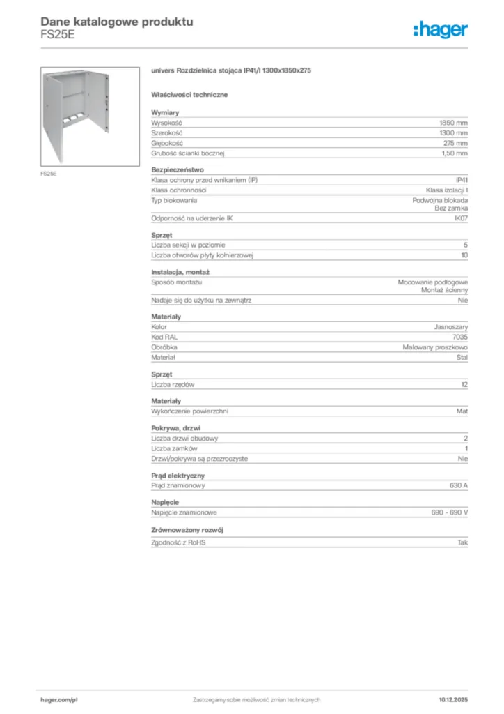 Zdjęcie Hager Dane katalogowe produktu FS25E | Hager Polska