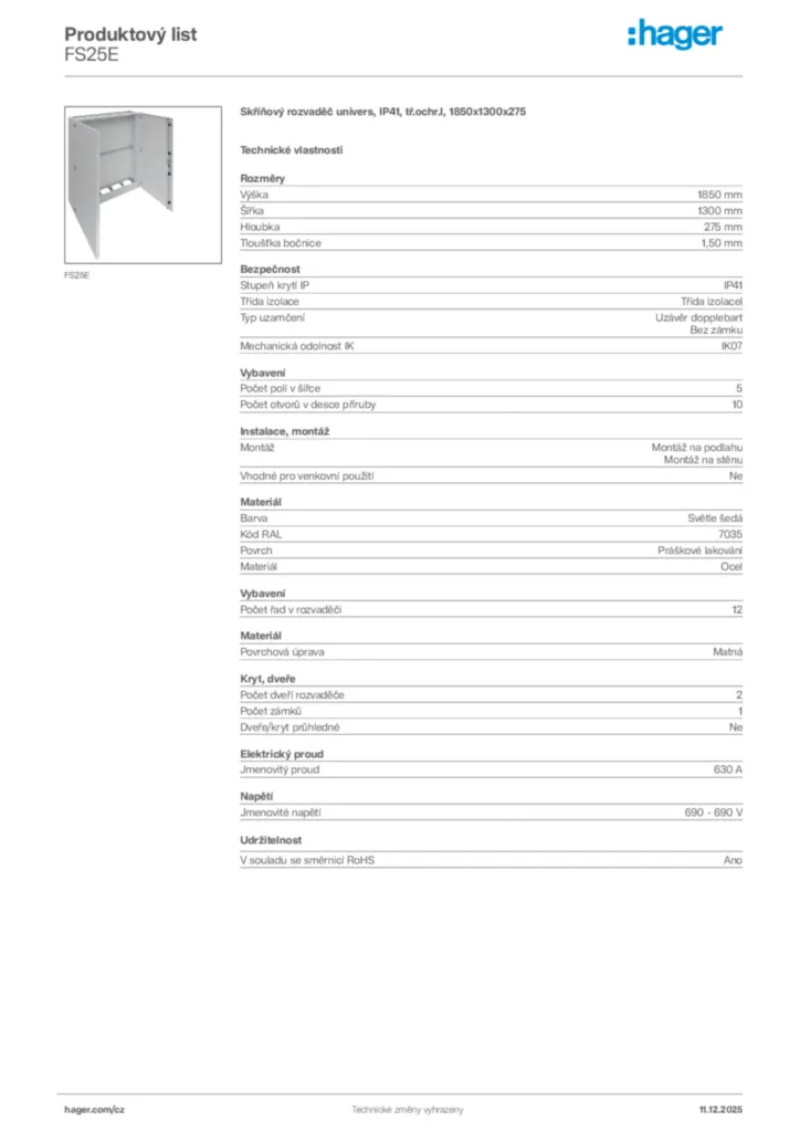 Obrázek Hager Produktový list FS25E | Hager