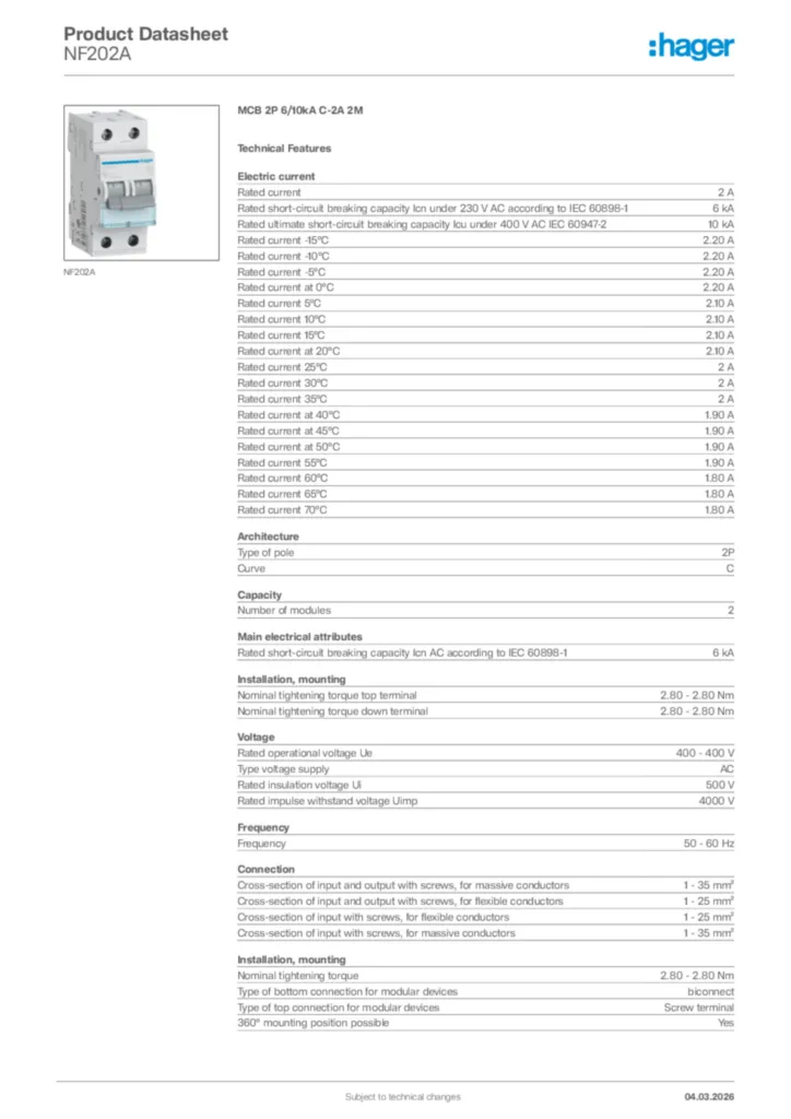 Image Hager Product data sheet NF202A  | Hager Africa