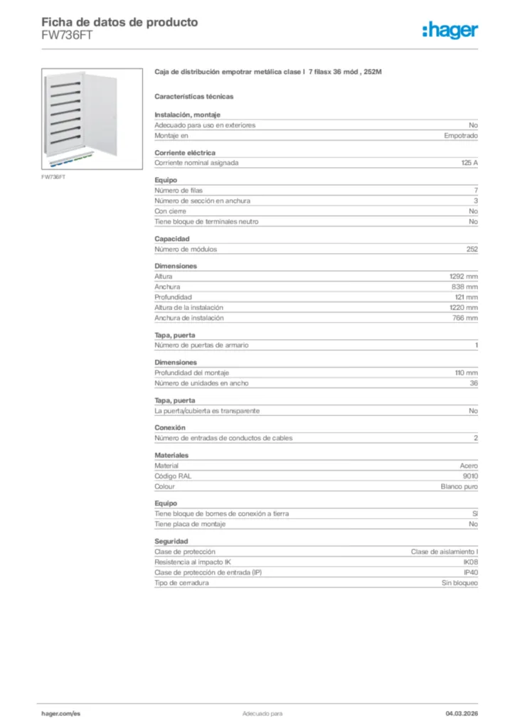 Imagen Hager Ficha de datos de producto FW736FT | Hager España