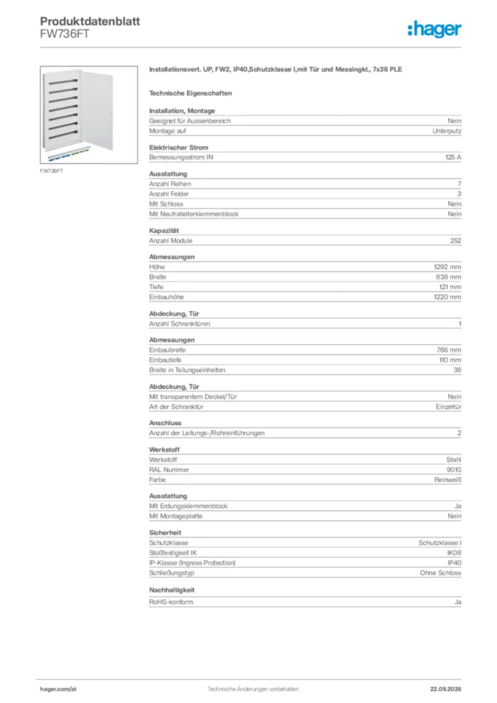 Bild Hager Produktdatenblatt FW736FT | Hager Deutschland