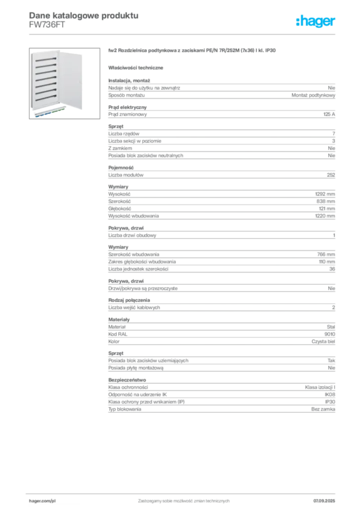 Zdjęcie Hager Dane katalogowe produktu FW736FT | Hager Polska