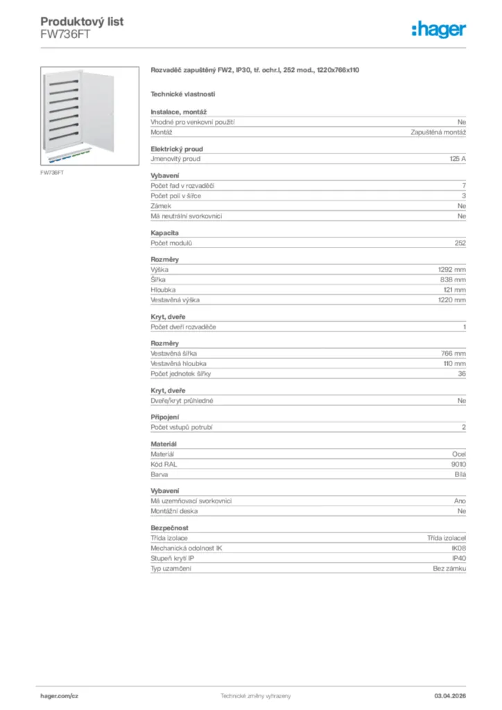 Obrázek Hager Product data sheet FW736FT | Hager
